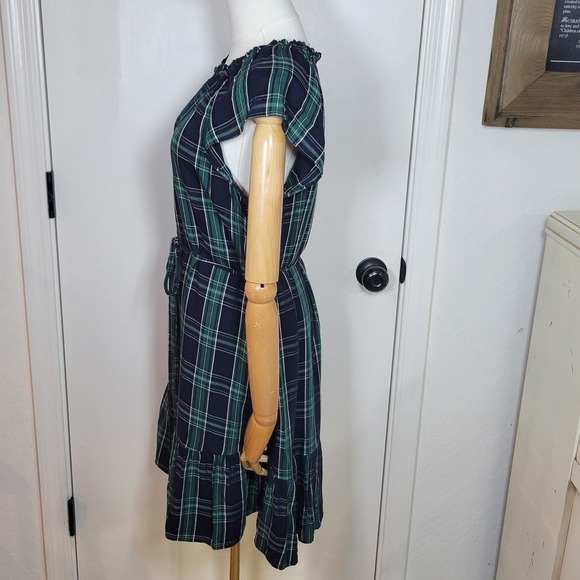 LOFT Green Plaid Tie Waist Dress Size 8 Preppy Chic Midi Ruffle Hem - Picture 6 of 11